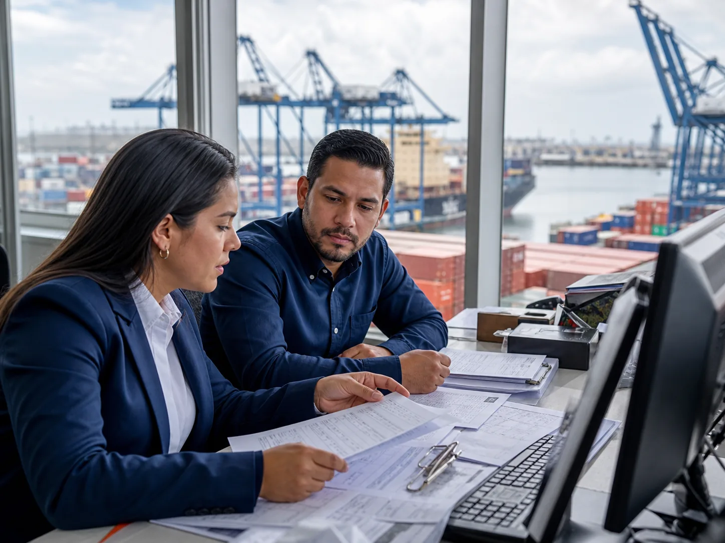 Especialistas logísticos revisando documentación frente a una terminal portuaria